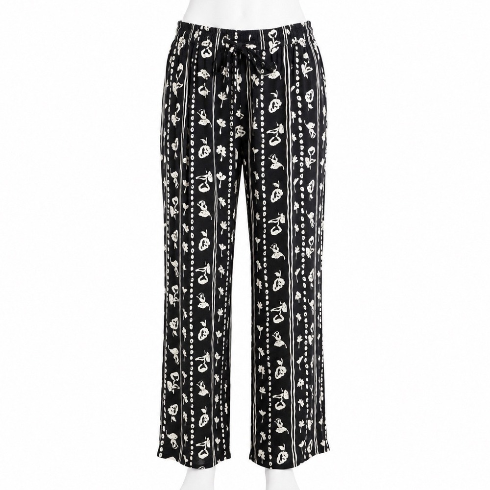 Vintage Studio Pants S Black White Floral Stripe Straight Leg Boho Hippie Grunge